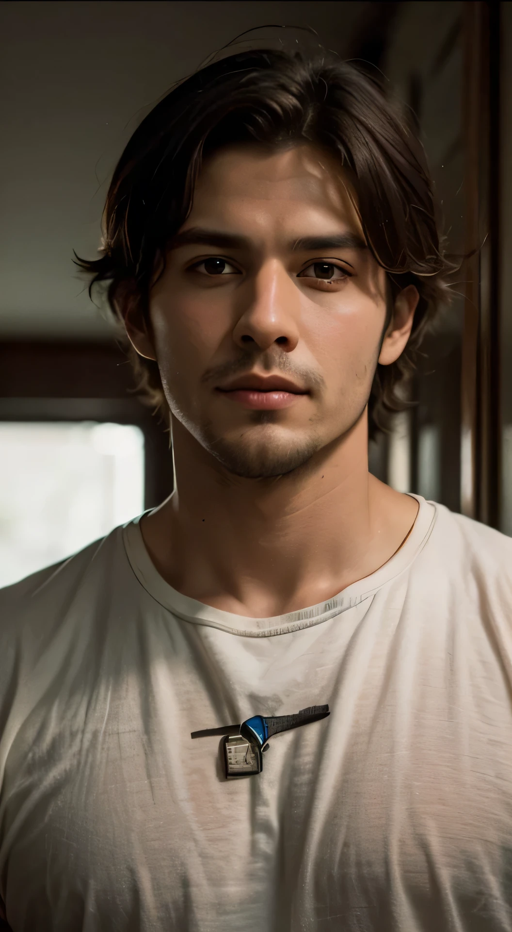 Portrait movie look of a 30 year old round-faced handsome man, Above the chest