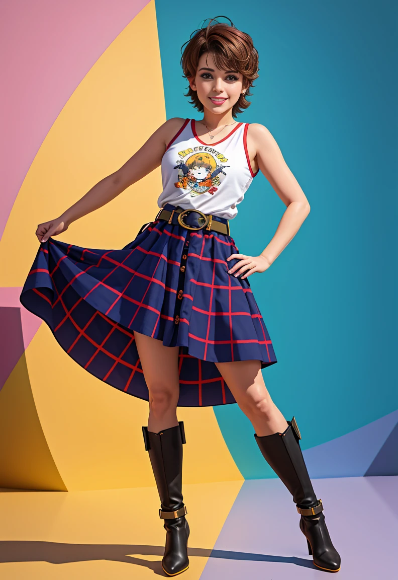 Altas Resoluciones, Sombras, absurdos, mejor_Quality, ultra_Detallado, 8k, sumamente_Claro, Cinematographer, hermoso, foco nítido, HDR,
A cute pop singer with short light brown hair , Pixie cut and symmetrical blue eyes , con pecas en mejillas y nariz , linda sonrisa , maquillaje , sombra de ojos color morado, sostiene una guitarra electrica y canta , Viste una camiseta morada con la imagen de una calavera , white belt, con falda lila , botas largas con tacones , with a dynamic angle, capturada en una toma de vaquero altamente detallada, exudando una feliz, con tonos relajantes y una mezcla contrastante de luz y sombra, todo mientras enfatiza el cabello, Los ojos, the mouth and the action of the subject in a composition that is pleasing to the eye and stimulating , fondo variado , Luna Loud
