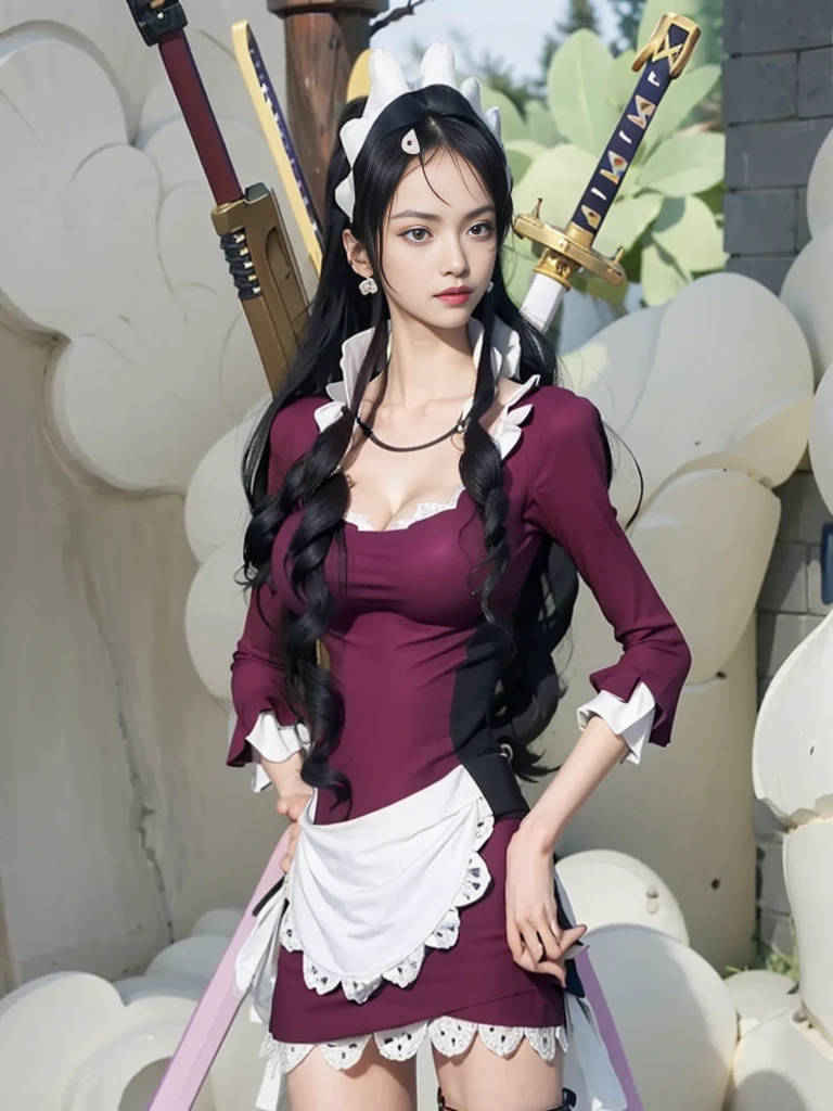 best quality,masterpiece,8k wallpaper,absurdres, highres, ultra detailed, (ung beautiful girl, solo:1.1), weapon, sword, black hair, long hair, breasts, maid,smoking, drill hair, large breasts, thigh strap, maid headdress, katana, apron, cleavage, blue eyes, purple eyes, beltoutdoors,sunset, streamline,hands on hips,BREAK