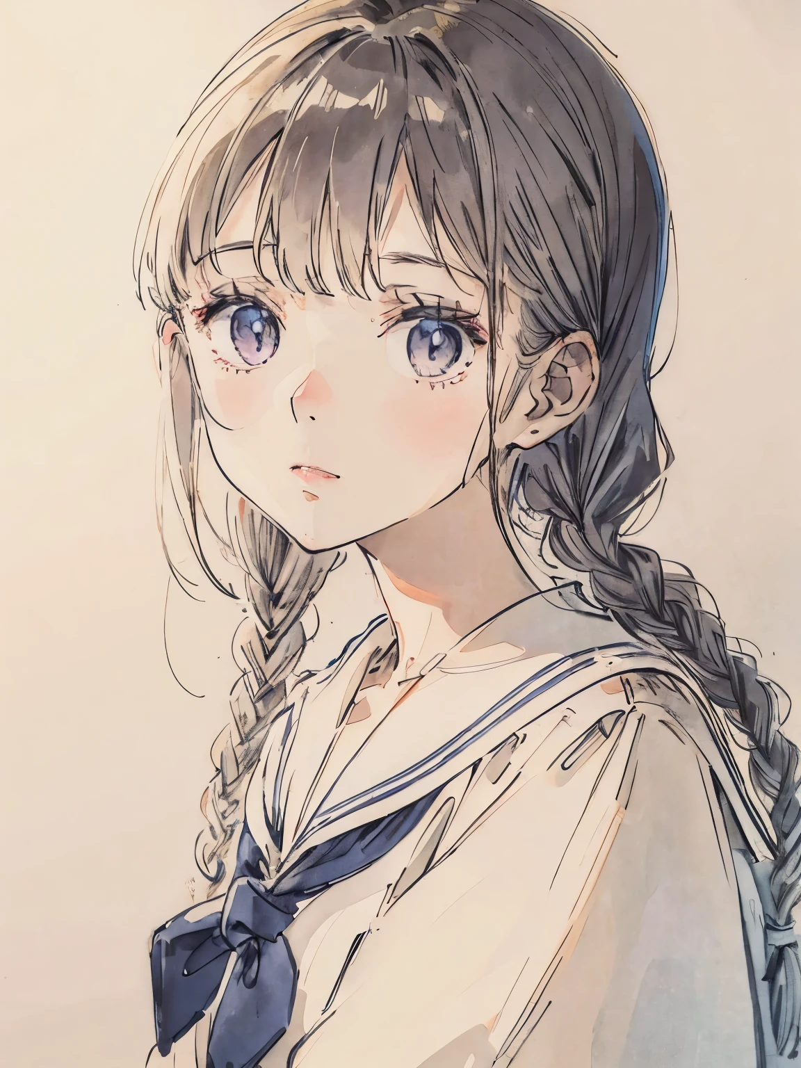 a sailor suit、Light color、Soft lighting、a pale、A dark-haired、up of face、Photo Studio、Braids