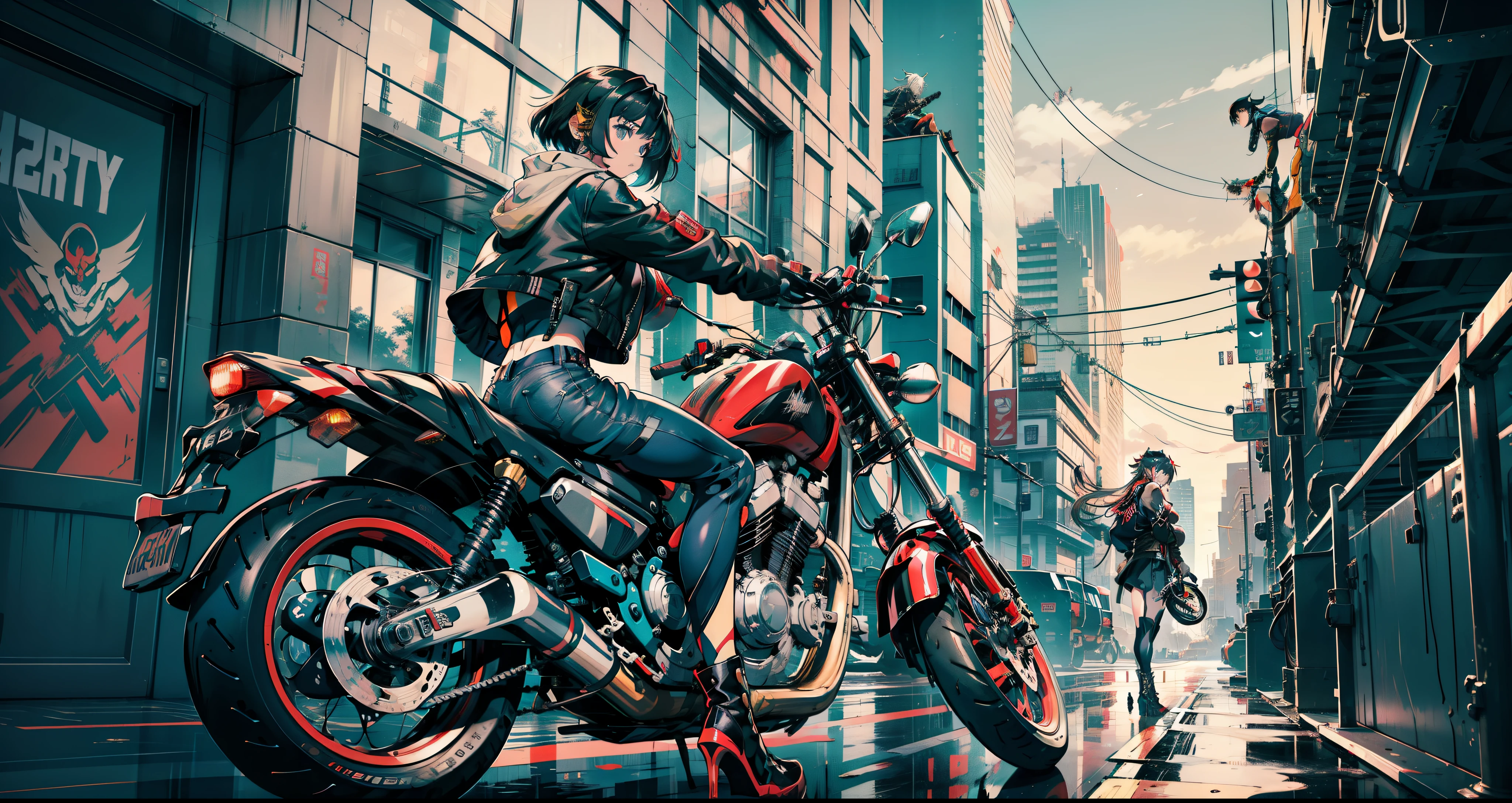 cyberpunked、girl with、mechanic、comical、Anime style、Gray and dark hair、motor bikes、Rider Jacket、punk coloring、sity、ナイトsity、group、street fighter、Gladiator