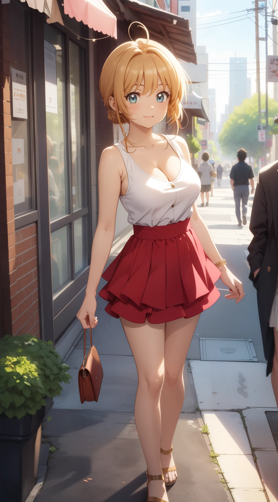 masterpiece, best quality, highres, perfect pixel, depth of field, 1girl, single, solo, beautiful anime girl, beautiful artstyle, detailed face, anime CG style, (medium breasts), good lighting, perfect body, (sakura kinomoto), glossy lips, light smile, cleavage, sleeveless top, layered miniskirt, tiered miniskirt, city street, crowd, full body