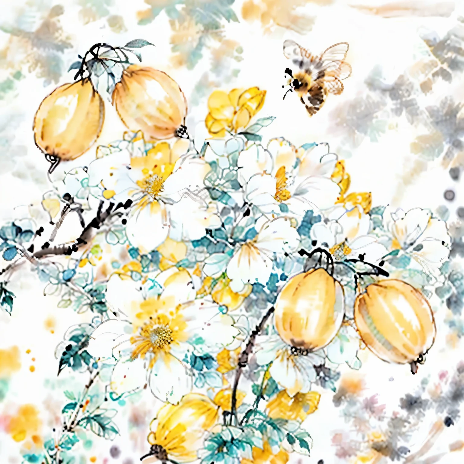 watercolor paiting，ink and watercolor painting，lemons，honeybee，white backgrounid