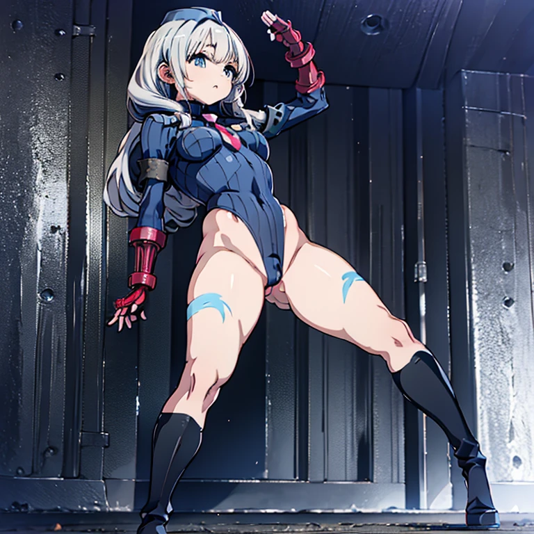 ultra-detailed, Explicit, Beautiful body, Beautiful Nose, Beautiful character design, perfect eyes, perfect face, ultra highres, 4K, beautiful legs, perfect legs, Nice hands, Perfect hand, Masterpiece, Best Quality, Highly detailed, illustration, absurdres, street fighter, doll suit, shadaloo doll, dollsuit, expressionless, blank eyes, looking at viewer, red gloves, emotionless, black latex, corrution, mind control, female combatant, full body, hypnotized, unhappy trance, full body suit, ribbed bodysuit, both arms at side, obey, perfect female body, extremely glossy latex, hypnosis, hypnoLora, empty eyes, Mind control device, poses, submissive_pose, Slave, hat, necktie, stand up straight, standing, standing at attention, hat, necktie, belt, latex, ribbed bodysuit, thighhighs, garter belt, Fighting Stance, extending the right arm from the shoulder into the air with a straightened hand, nazi saluting, military, military saluting, salute, thigh boots, 1girl, Akebi-chan no Sailor Fuku, grey hair, blue eyes, long hair, Hotaru Hiraiwa