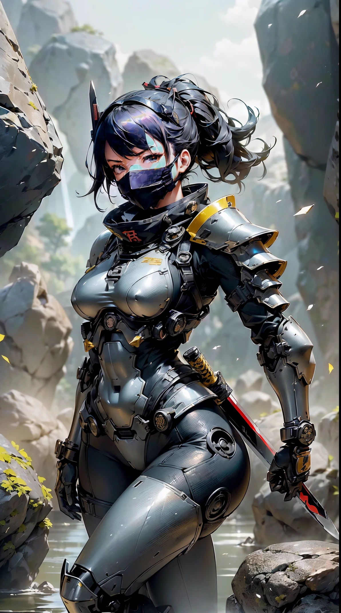 (masutepiece,Extremely detailed, Heavy mechs, hard surface),(concept art:1.1),(Armored Core Style:0.8), A woman wearing ninja robo armor is tying a seal,(full armor:1.4),(tactical ninja mask:1.5),(yellow body:1.1),(long legged:1.1),(Equipped with a sword on his back:1.3),(A detailed eye:1.3),(A detailed face:1.3),(Detailed weapons:1.3),(Detailed body:1.3),((full bodyesbian:1.5)),(In the background, rocks are floating in the air.:1.5),逼真