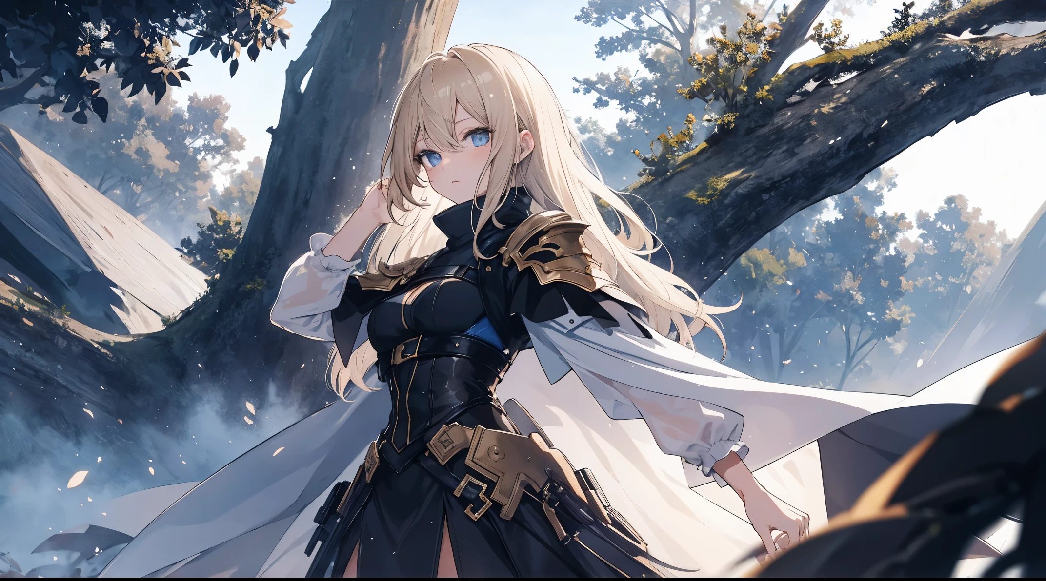 ((tmasterpiece:1.4, Best quality at best))+, (hyper-detailing)+, (delicate blue eyes:1.5)+, (Detailed ears:1.5), (cute girls), (Tight white silk:1.5), Tight white silk, Long hair details,no headwear,(Black hood:1.2), pale-skinned, (brown cloth:1.5), (Black Martin boots:1.4), towering trees,Surrounded by huge black trees,shrouded in thick fog,,huge black crystal,Golden winglying dust,black flaechanical armor made of gold,beachside,(Wanderers:1.1), (dawn light:1.2), ), (close up:1.1), the only person, Bright blonde hair, Gloom (Expressing the), from the front side, from below, Best quality at best, A high resolution, high detal, high high quality, 16k