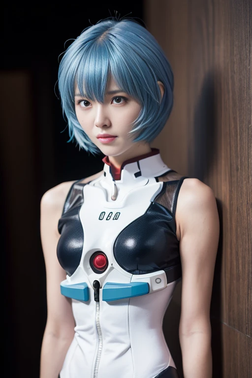 (Best Quality, hight resolution, masutepiece:1.2), 1girl in, Ayanamirei, bob cuts, plugsuit, Upper body view、Interface headset, Background, Light blue hair color, deadpan, full-face blush, embarrassed, Looking at Viewer