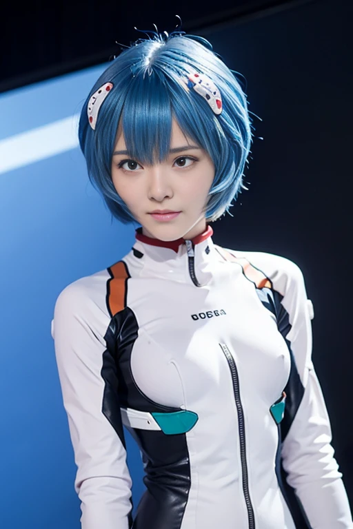 (Best Quality, hight resolution, masutepiece:1.2), 1girl in, Ayanamirei, bob cuts, plugsuit, Upper body view、Interface headset, Background, Light blue hair color, deadpan, full-face blush, embarrassed, Looking at Viewer