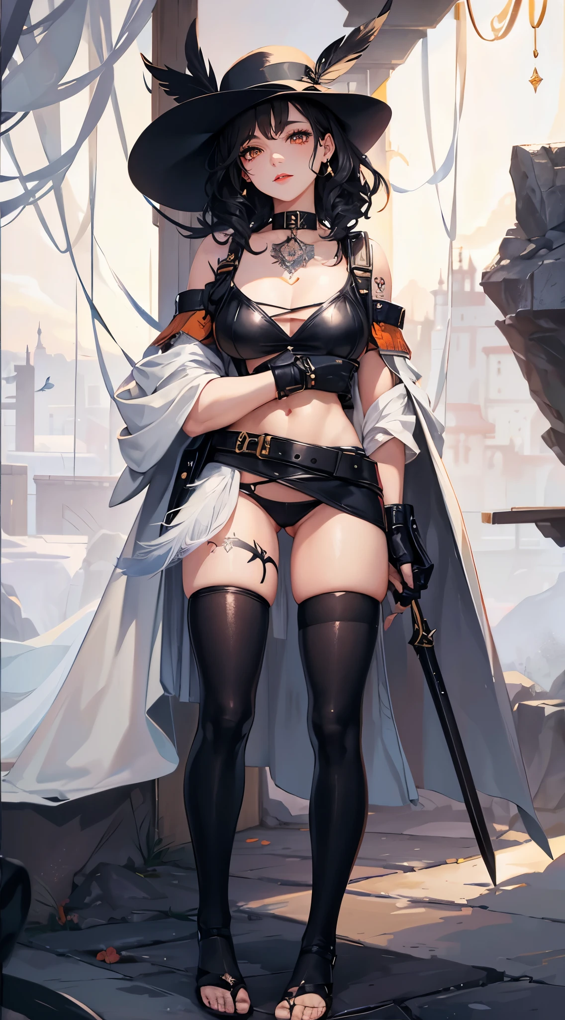 close up, The world of dreams, Imperial sister, short black curly hair，medieval messenger hat，Hat with feathers,  Redlip, camisole leather top, short crop top, humanoid creature, Medieval port, Her skin is very white, White complexion, Orange eyes, disheveled black hair, obi strip,waist bag, The barefoot,Two black stockings leg tattoo,