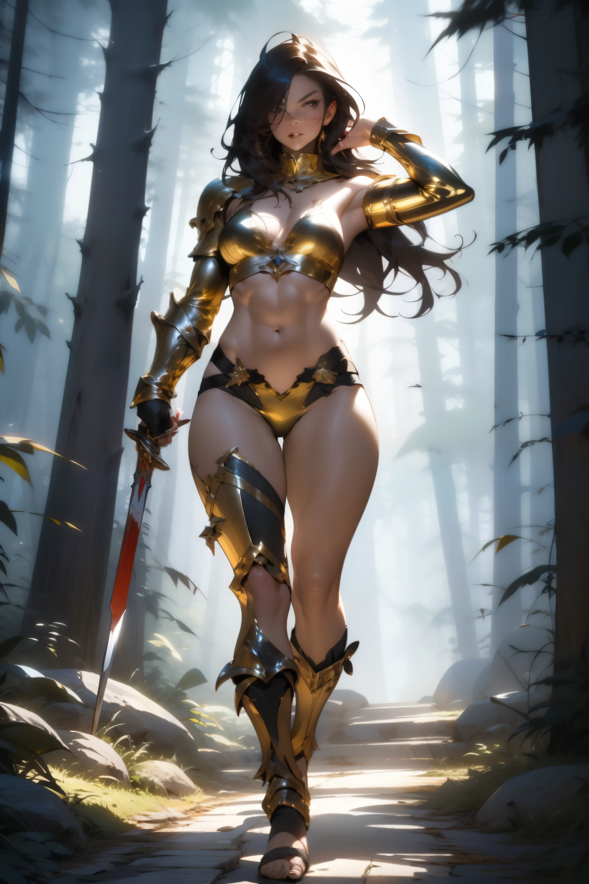 ((Simon Bisley)), Beautiful full-body woman, 30 years old, muscular and perfect body, medieval warrior with little clothing, tiny thong, golden metal bra, arm covered by a metallic armor, large breasts, generous neckline, holding a blood-stained sword, brave face, dark kingdom, sexy pose, walking in a forest