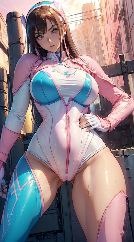 ((masutepiece)), ((High quality)), ((super detailed)), ((High resolution)) ,((8K)),Beautuful Women, ((She is one of the most famous actresses in Japan.)), Unparalleled beauty, ((large full :1.3)), ((big butts:1.2)), ((Deep cleavage)), Slim waist,  out, hyperdetailed face, Perfect Skin, (((Waist-length hair, long light brown straight hair, hime-cut))), Light blue eyes,  Detailed eyes, Whole body image, , An inviting smile, , (((Anime))), ((Glamorous)),  attraction ,23 years old, ((信じられないほどBeautuful Women)), ((H Cup Bust)), (((( pose)))), ((Neat and clean.)) , (((power ranger))), heroine,  (((High Leg Riotard Power Suit, White line on pink powered suit:1.4))), ((relief soldiers)),  ((beautiful  and legs, 8 life-size, Anime:1.4, Wet, The most beautiful、Strongest, ((charm)), ((Russian beauty)), ((Gravure Pose)),