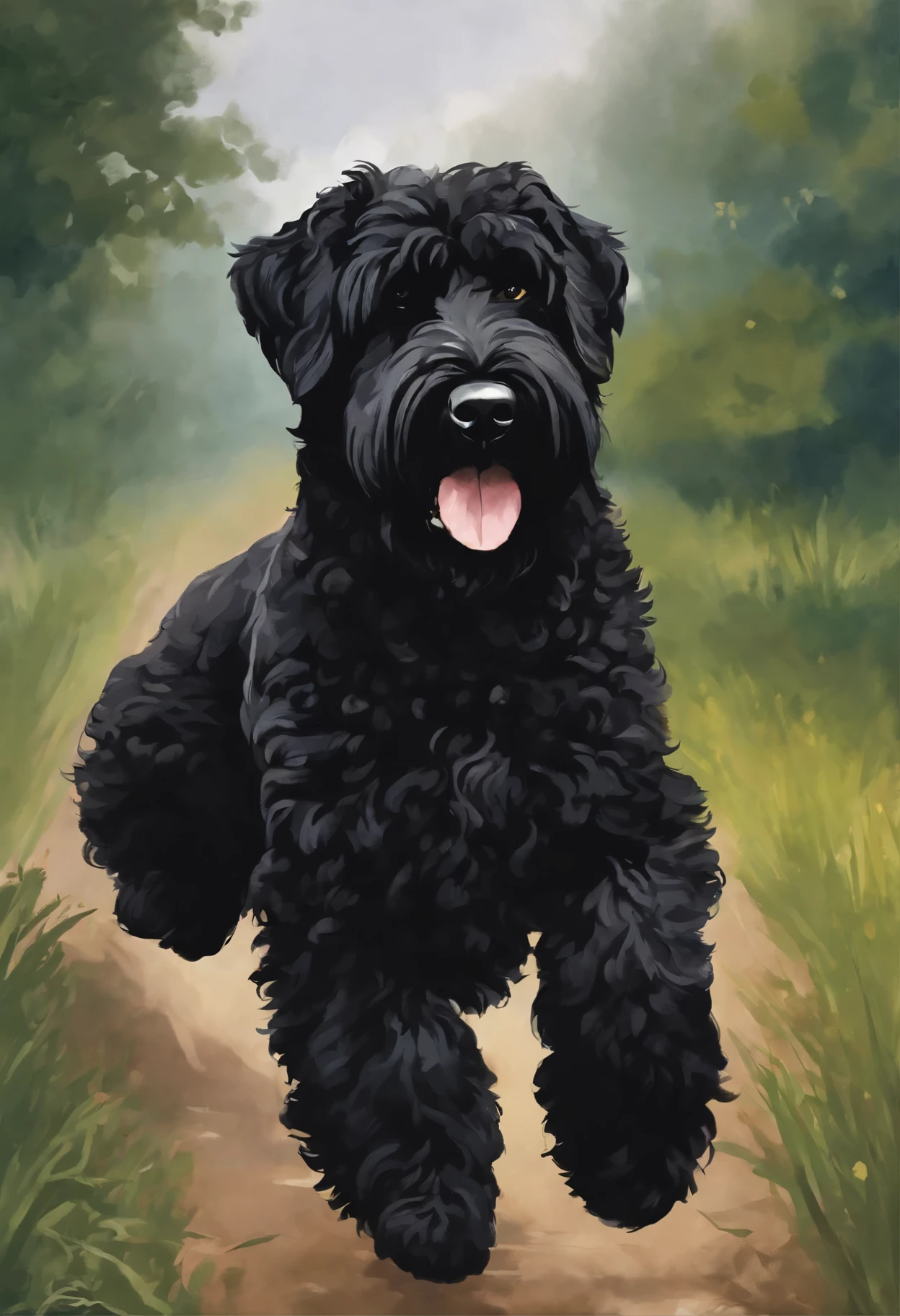 Close-up of Black Russian Terrier,  Color (Black) runs a race with the clouds,   Русский черный терьер runs a race with the clouds, fluffy clouds, casimir art, illustration of shigenori soejima, boris valejo. Smiling Russian Spaniel, Detailed drawing of an anime character, подробный anime key figure, Granblue Fantasy, Beautiful Black Russian Terrier in Demon Slayer Art, Taisho Roman, A clear portrait of an RPG, Masamune Shiro, anime key figure