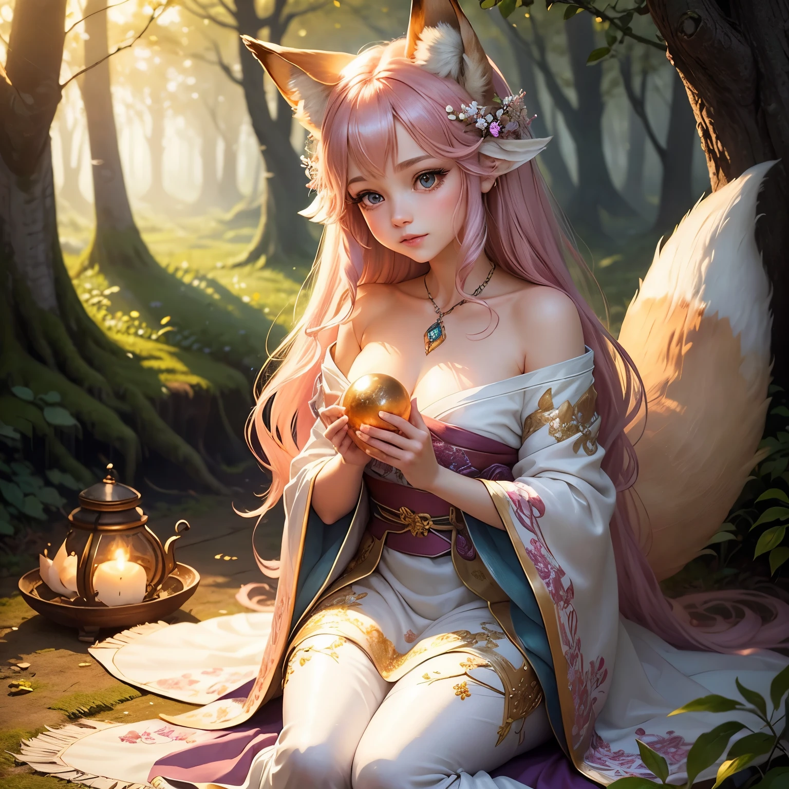best quality,ultra-detailed,cute fox fairy,beautiful detailed eyes,beautiful detailed lips,long eyelashes,soft and fluffy fur,playfully mischievous expression,fox ears twitching,sitting in a mystical forest,golden sunlight filtering through the trees,magical aura surrounding her,dressed in a flowing silk kimono,embroidered with delicate cherry blossoms,holding a sparkling crystal orb in her hand,a gentle breeze rustling the leaves,bright and vibrant color palette,ethereal and dreamlike atmosphere,with a touch of whimsical charm,artistic illustration style,painterly brushstrokes,soft pastel tones,subtle yet enchanting lighting effects,creating a mesmerizing scene that captures the essence of the adorable fox fairy.