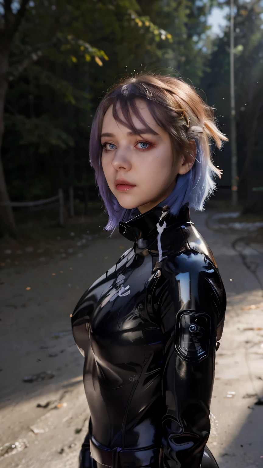 tmasterpiece, Best quality, Outdoor sports, venue, at a forest, grassy, the eye of the universe, eyeslashes,Latex concept, 1 Sister, Alone, looking at viewert, Upper part of the body, both hands on hip, tightsuit, skin tight, latex,White jumpsuit,White jumpsuit, shinning clothes, Shiny, Cover the navel, Steaming,tmasterpiece, Best quality, 1 Sister, M4A1, Girl's Frontline, White hair, Blue hair, Cute big breasts, Robot pupil, sad, Critical hit rate, Under water, airbubble, bigger, falling into oblivion,White latex coat, abandoned city lock,hair covering one eye,((Gradient hair)), A thin body,Beautiful blood red eyeshadow,Wearing long white gloves:1.a purple eye:1 white hair, Blue hair:1.3, Ultra-detailed eyead eyes, morbid, fundo vermelho, red eyes, empty eyes tired:1.1), eye bags, partially colored, (messy hair:0.9), face expressionless, (looking-down:1.3), (shaded face:1.2), Shadows on the eyes, From the side Side