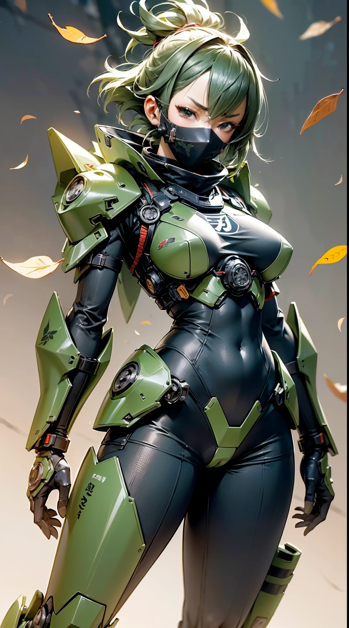 (masutepiece,Extremely detailed, Heavy mechs, hard surface),(concept art:1.1),(Armored Core Style:0.8), A woman wearing ninja robo armor is tying a seal,(full armor:1.4),(tactical ninja mask:1.5),(light green body:1.1),(long legged:1.1),(Equipped with a sword on his back:1.3),(A detailed eye:1.3),(A detailed face:1.3),(Detailed weapons:1.3),(Detailed body:1.3),((full bodyesbian:1.5)),(In the background, leaves are dancing in the air due to the wind.:1.5),逼真