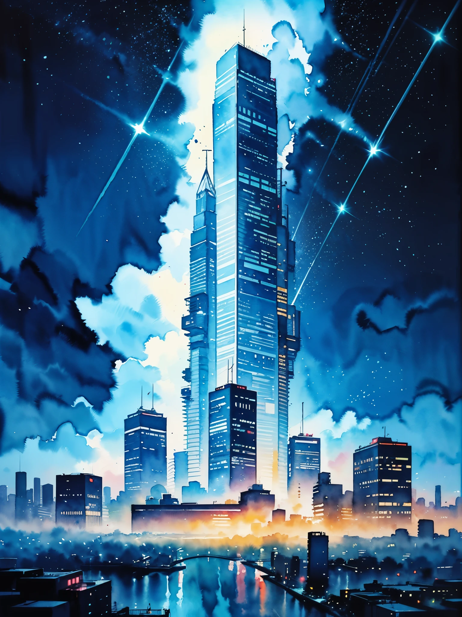Night, City, skyscrapers, road, mountains, stars, studio ghibli, (watercolor, splash paint, dripping paint, color bleeding, on canvas, textured canvas: 1.5), Anime, high detail, anime, cinematic lighting, motion blur, chromatic aberration, glowing light, ray tracing, reflection light, bloom, drop shadow, UHD, masterpiece, retina, anatomically correct, super detail, high details, high quality, award winning, best quality, highres, 4K