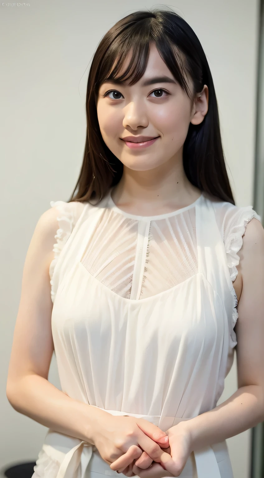 ((1 girl)), Very beautiful Japanese idol portraits, (RAW Photos, Highest quality), (Realistic, Realistic:1.4), (masterpiece), Very delicate and beautiful, Very detailed, 2k wallpaper, wonderful, finely, Very detailed CG Unity 8K 壁紙, Very detailed, High resolution, Soft Light, Beautiful detailed girl, Very detailed目と顔, Beautiful and detailed nose, finelyて美しい目, Cinema Lighting, (Simple light color background:1.3), (Long Hair), (Parted bangs), Complete Anatomy, Slender body, Small breasts, smile, ((Full body shot)), , (White chemise),(Panty lines),Sexy pose,Vibrant,((secretary)),Slender,(Long legs),(White long slip skirt),((race)),Thin silk-like,