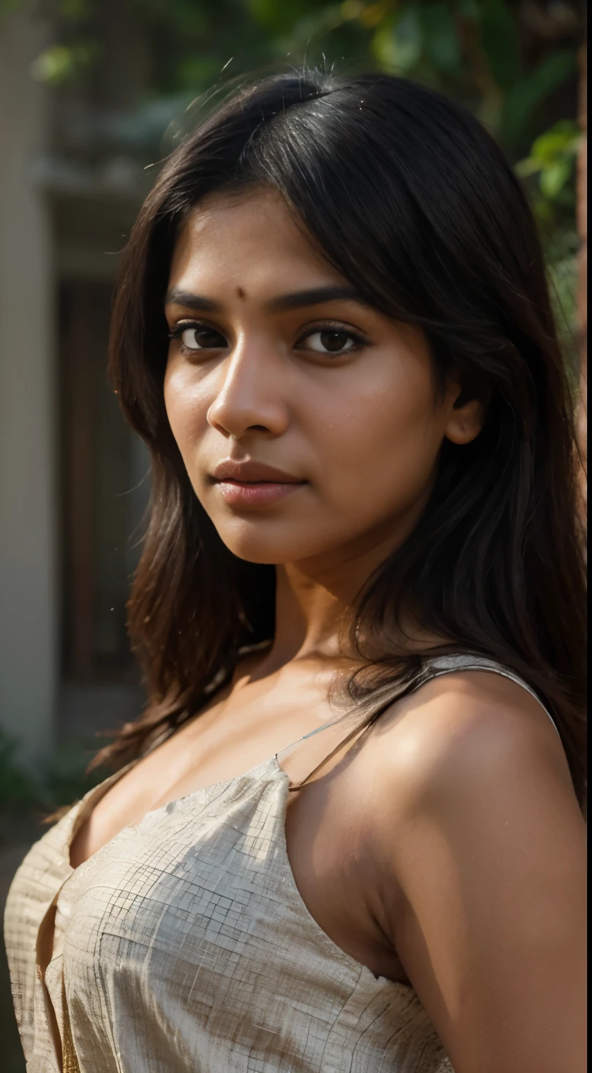Generate a realistic portrait of a mid-20s Indian woman in a 9:16 ratio. Emphasize intricate details like expressive eyes, detailed lips, and natural features. Opt for soft, flattering lighting to enhance the realism, and ensure high resolution for a strikingly lifelike portrayal.