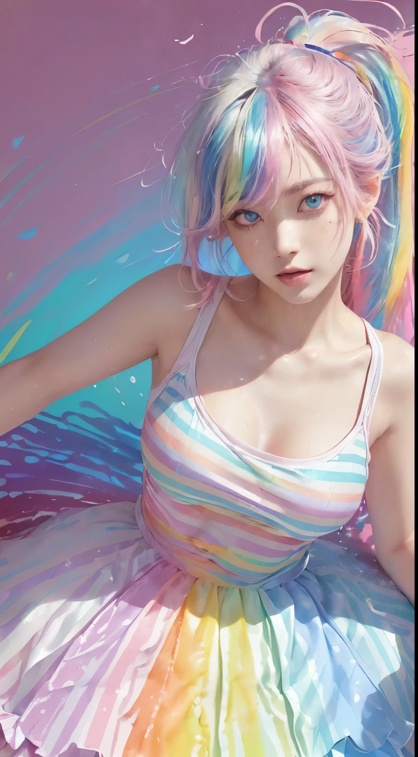 （Pink fashion T-shirt：1.9），(Hair color: 1.8), (all colors of the rainbow: 1.8),(((((vertical Draw oneing：1.6))), （Draw oneing：1.6），Street, 漫Draw one, Lightings, Draw oneings, largeeyes, crystal clear eyes,（ rainbow color gradient high ponytail：1.7）, Delicatemakeup, shut up,(Small Fresh: 1.5),(humongous large breast: 1.6) ，Long eyelashes, Pink off-bshoulders T-shirt,  pink mini-skirt，looking at viewert, 水汪汪的largeeyes, (Rainbow-colored hair：1.6), 色彩飞splash, （Alone：1.8）, 色彩飞splash, Color explosion, thick Draw one style, Messy lines, ((Shiny))，(Colorful), (Colorful), (Colorful), Colorful, Thick Draw one Style, (splash) (Color splash), Vertical Draw oneing, Upper part of the body, Draw one splash, Acrylic Pigment, slope, Draw one, Highest image quality, Best quality at best, tmasterpiece, Alone, depth of fields, Face Draw one,  Colorful clothes, (Elegant: 1.2), gorgeous one,Long gray hair, ventania, (Elegant: 1.etal: 1.4)，(((tmasterpiece))),(((Best quality at best))),((ultra - detailed)),(Lighting),(dynamic angle),((floating)),(Draw one),((ldisheveled hair)),(Alone),(1 girl) , (((Detailed faceeautiful  detailed face)),collars,bshoulders,White hair, high ponytails，((Colorful hair)),((Striped hair)),beautidful eyes,(slope color eyes),(((Colorful eyes))),(((Colorful background))),(((high saturated))),(((surrounded by Colorful splashes))),