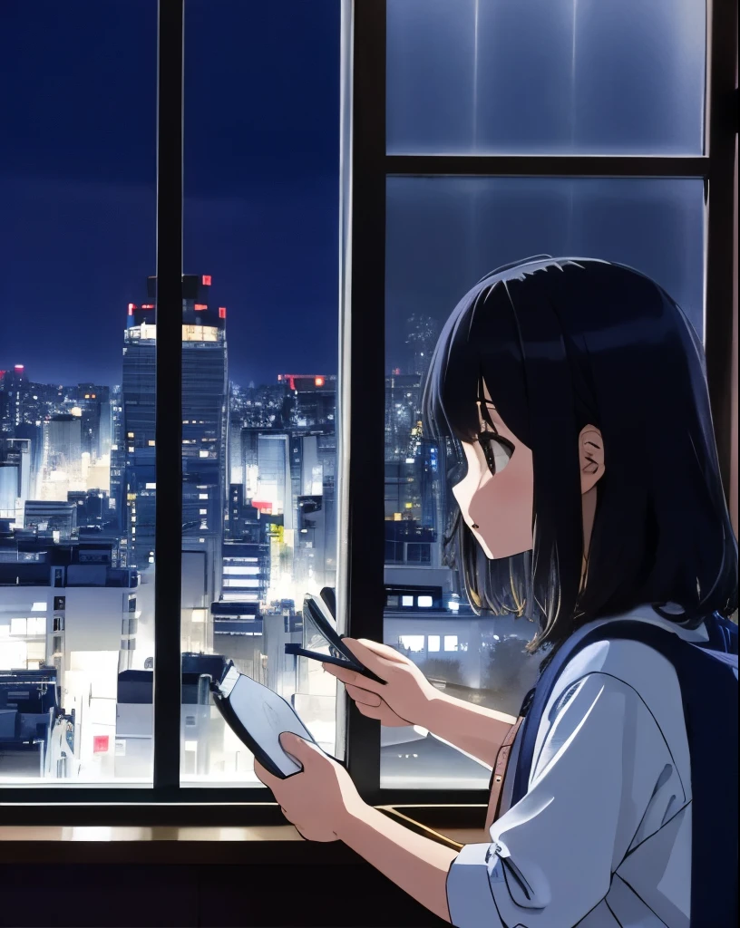 Girls studying、1 persons、nighttime scene、Shibuya、cafes、huge window、细致背景、