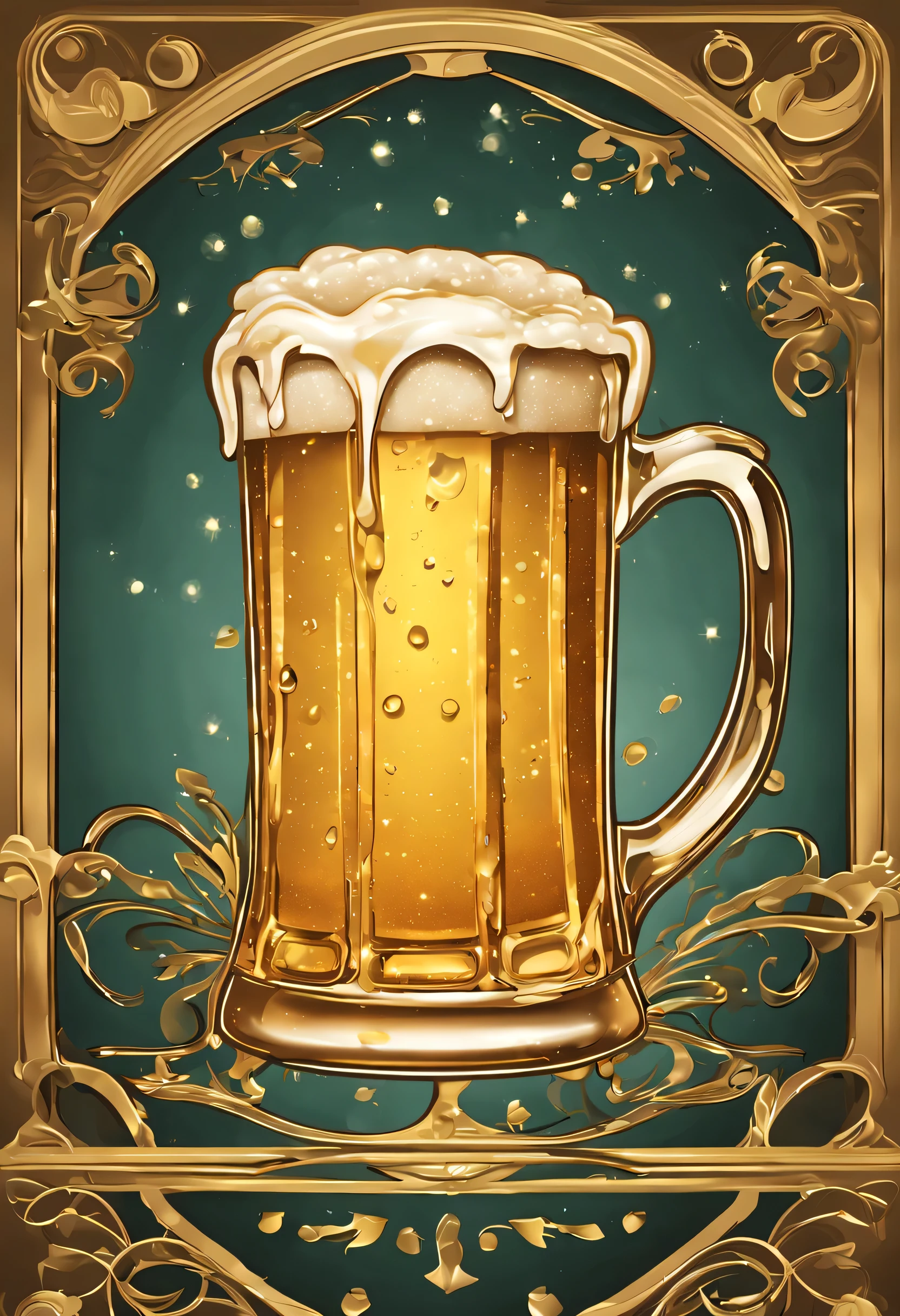 Obra maestra, Folleto publicitario, Estilo Art Nouveau, The most beautiful illustration in the world, vector art of a beer mug with dripping foam sliding down the mug glass (con brillos y transparencias) luces doradas, New York in the 50s , 50s style, has popular images, Estilo de dibujos animados retro realista, muy intrincado, Muchos detalles,