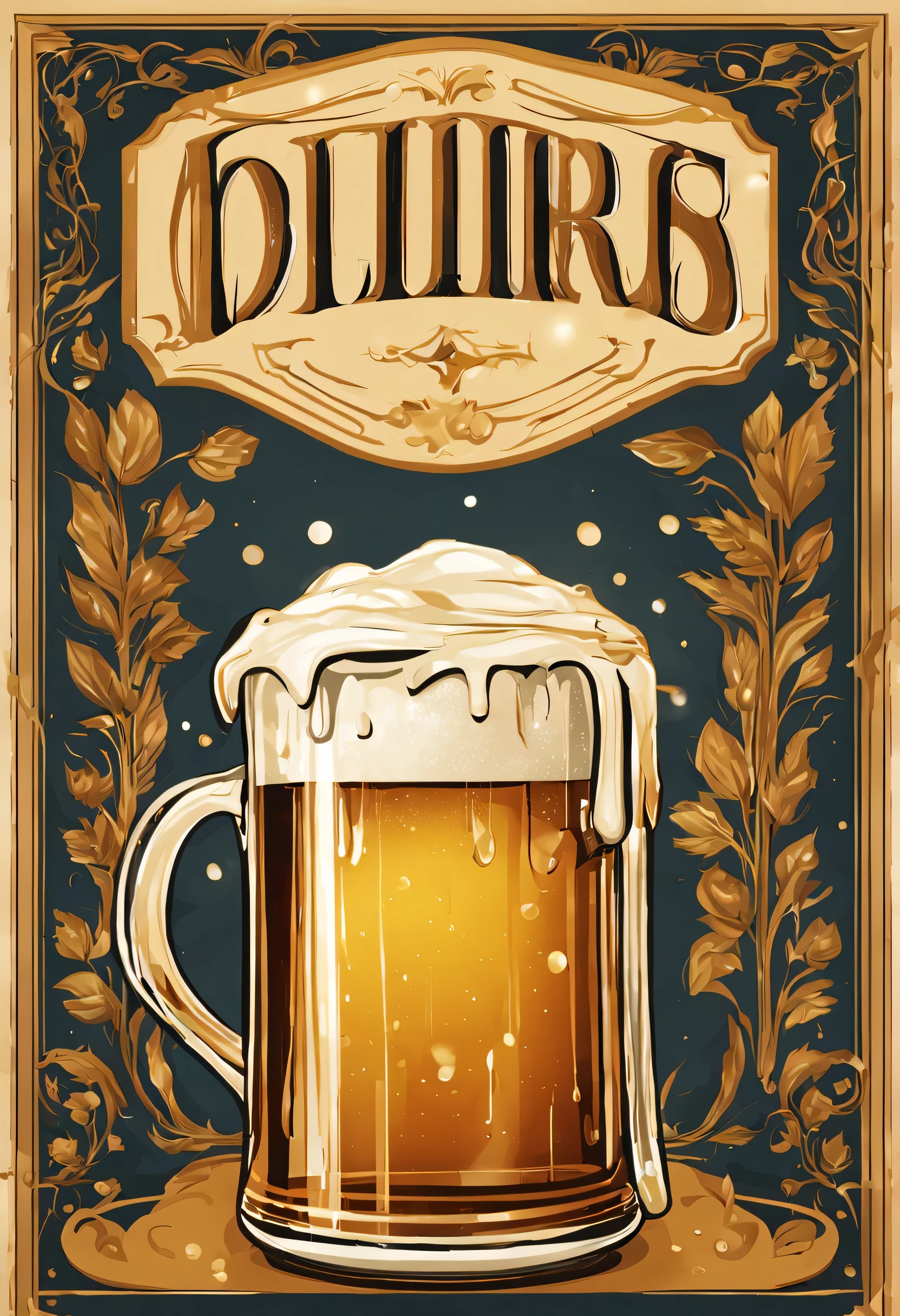 Obra maestra, Folleto publicitario, Estilo Art Nouveau, The most beautiful illustration in the world, vector art of a beer mug with dripping foam sliding down the mug glass (con brillos y transparencias) luces doradas, New York in the 50s , 50s style, has popular images, Estilo de dibujos animados retro realista, muy intrincado, Muchos detalles,