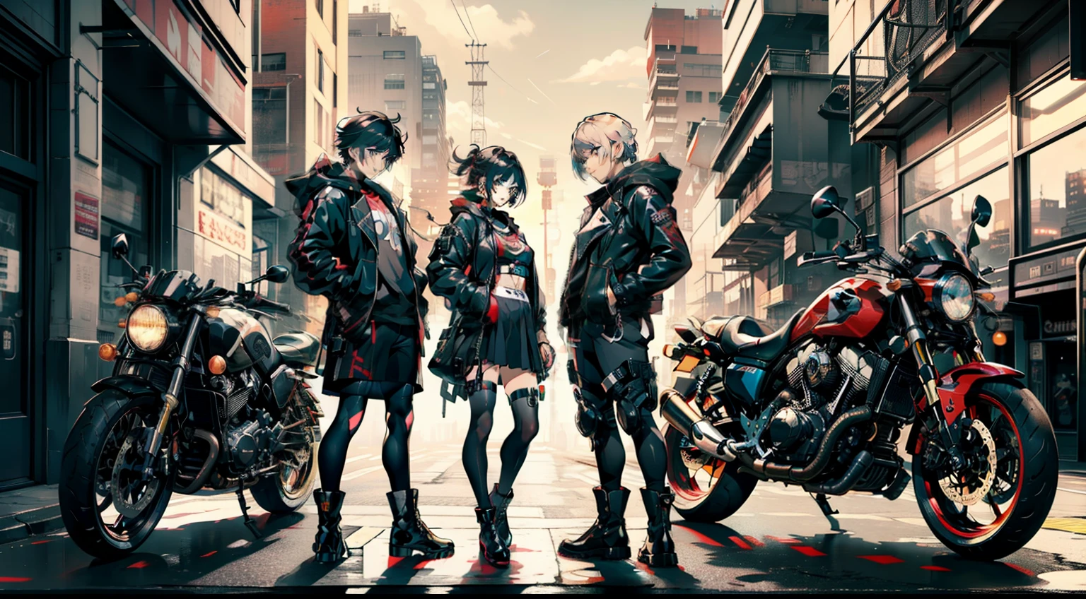 cyberpunked、girl with、mechanic、comical、Anime style、Gray and dark hair、motor bikes、Rider Jacket、punk coloring、sity、ナイトsity、group、street fighter、Gladiator