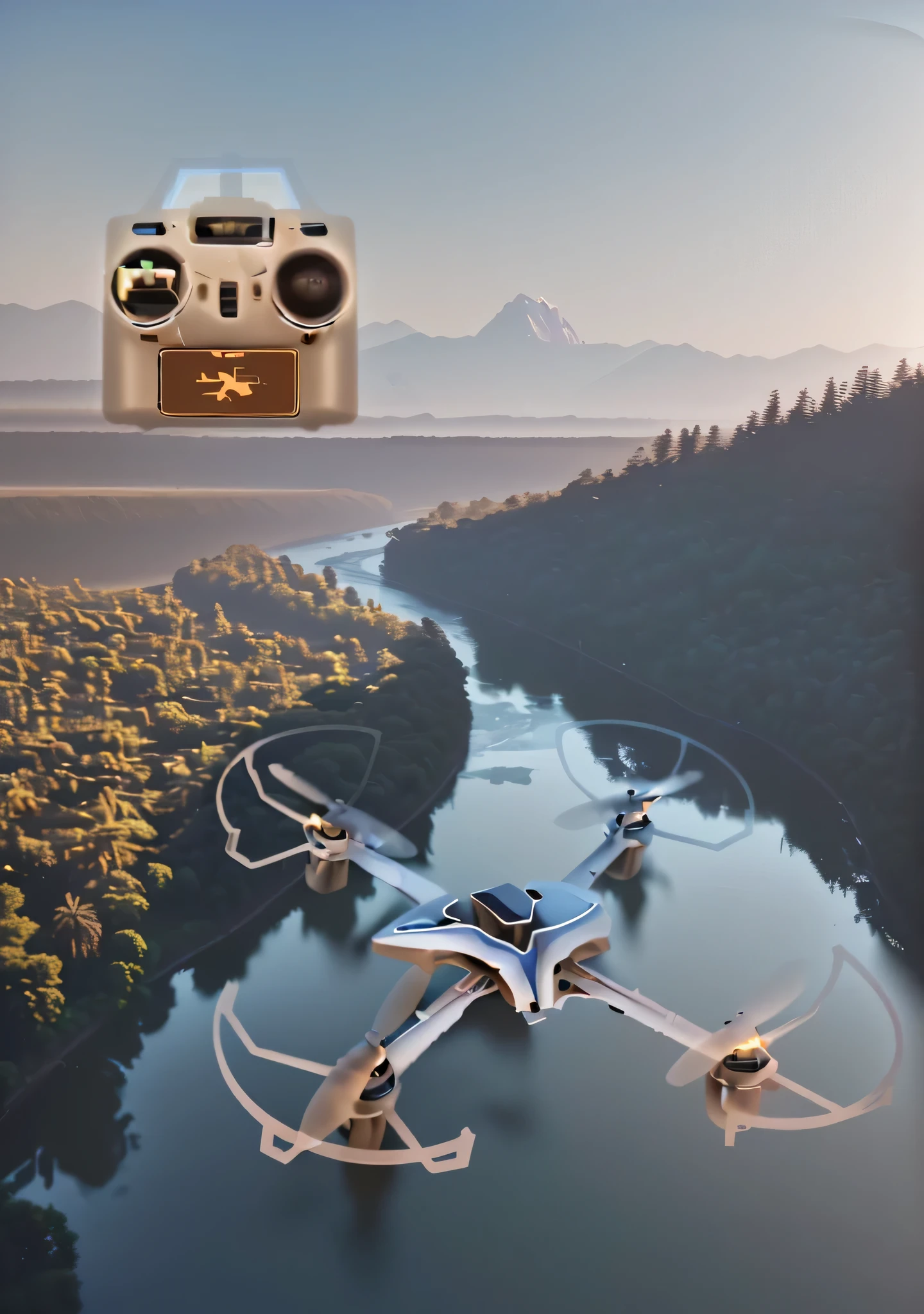 UAVs,(The background is an oasis),(There are tall trees),(There are mountains of different shapes here),(A meandering river),(Rich details),(ray traycing),(Cinematic light and shadow),(Super quality),(Correct and perfect composition),(8K