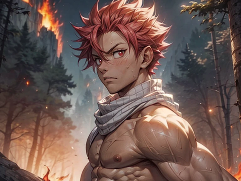 masterpiece, best quality red eyes, game cg, 2boys men, (naked:1.2) rugged face, duo, male focus, looking at viewer, upper body, Natsu Dragneel natsu_dragneel, pink hair, red eyes, (shirtless naked), toned muscle, pectorals, 8 abs, toned legs, naked, slightly bulged, (large fire:1.5) and ember (particle effects:1.2), detailed, dynamic lighting, well lit, (fire on skin:1.2), (skin burning:1.2), (eyes on fire:1.2), ( penis and scrotum), ((view from far distance)) ((((white ))scarf))