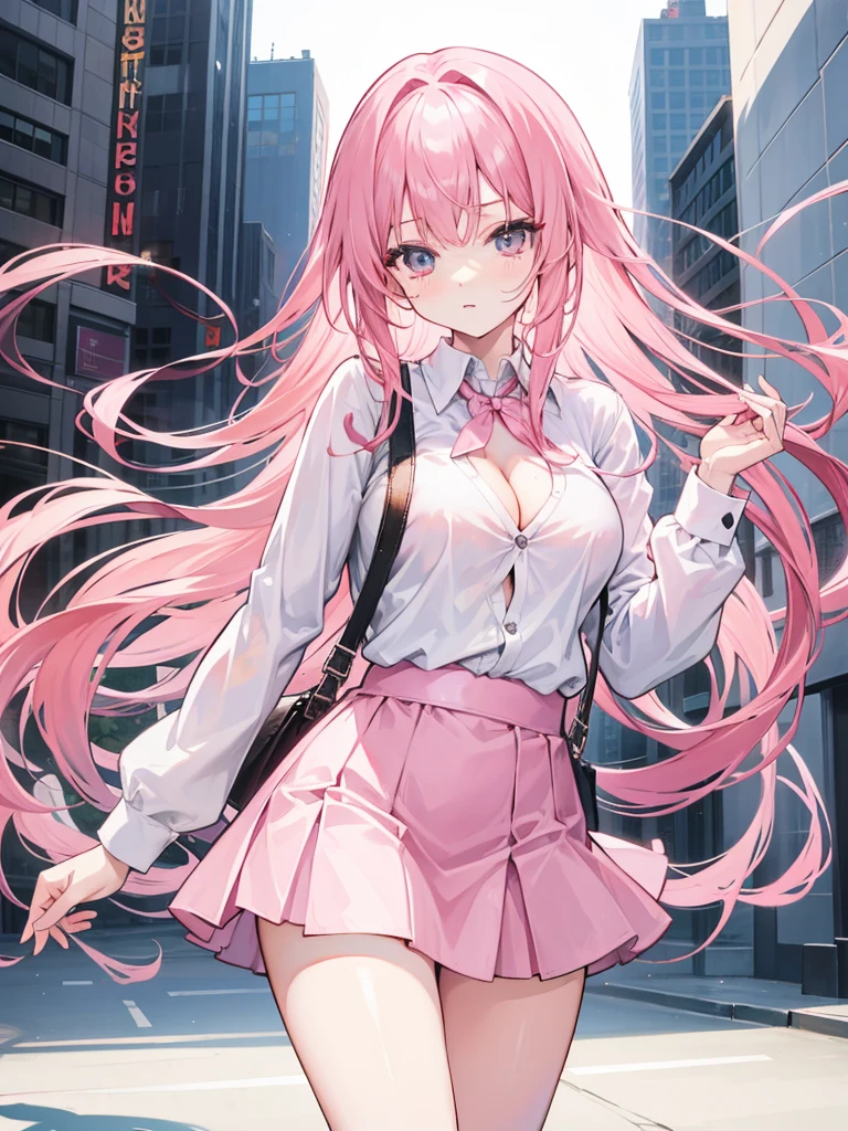 long pink hair girl, white shirt, one loose button showing off cleavage, city, miniskirt