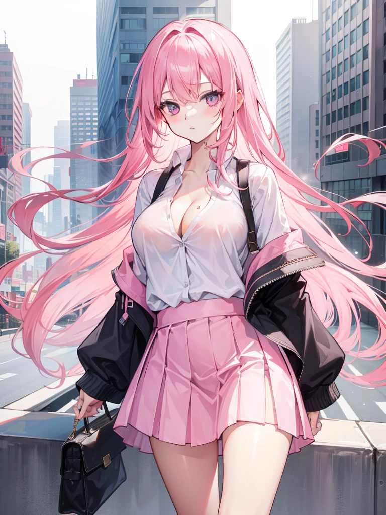 long pink hair girl, white shirt, one loose button showing off cleavage, city, miniskirt