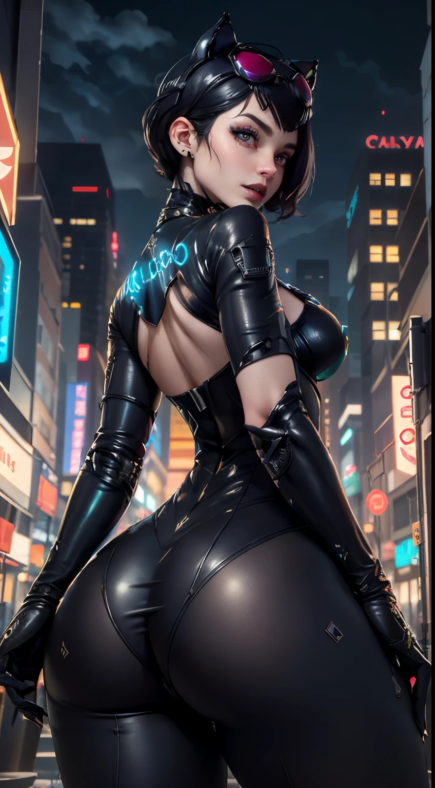 rear view, backside view,(obra maestra、4k-resolution、Un hiperrealista、ighly detallado、Dale la espalda), (Tema Black Superheroes、carisma、Hay una chica con un disfraz de Catwoman sobre la ciudad、de espaldas。she is a superhero)、 [((25-years old)、(Pelo largo y gris:1.2)、cuerpo completo Esbian、(ojos azules:1.2))、((Entorno urbano):0.8)|(Un paisaje urbano、Noche、dynamic light)]#ilustrar:Indications are mainly ultra high definition、Muy real、Describe pinturas 4K altamente detalladas。A superheroine in a Catwoman costume is depicted at the top of the city。((Disparo con objetivo ultra gran angular)), ((Disparo mirando hacia arriba desde abajo:1.3)), (((neon light))),More detailed 8K.motor irreal:1.4,UHD,La mejor calidad:1.4, fotorrealista:1.4, textura de la piel:1.4, obra maestra:1.8,obra-prima, mejor calidad,objeto Objeto], (detailed face features:1.3),((manos detailed:1.4)),(Gothic City Ai:1.4)