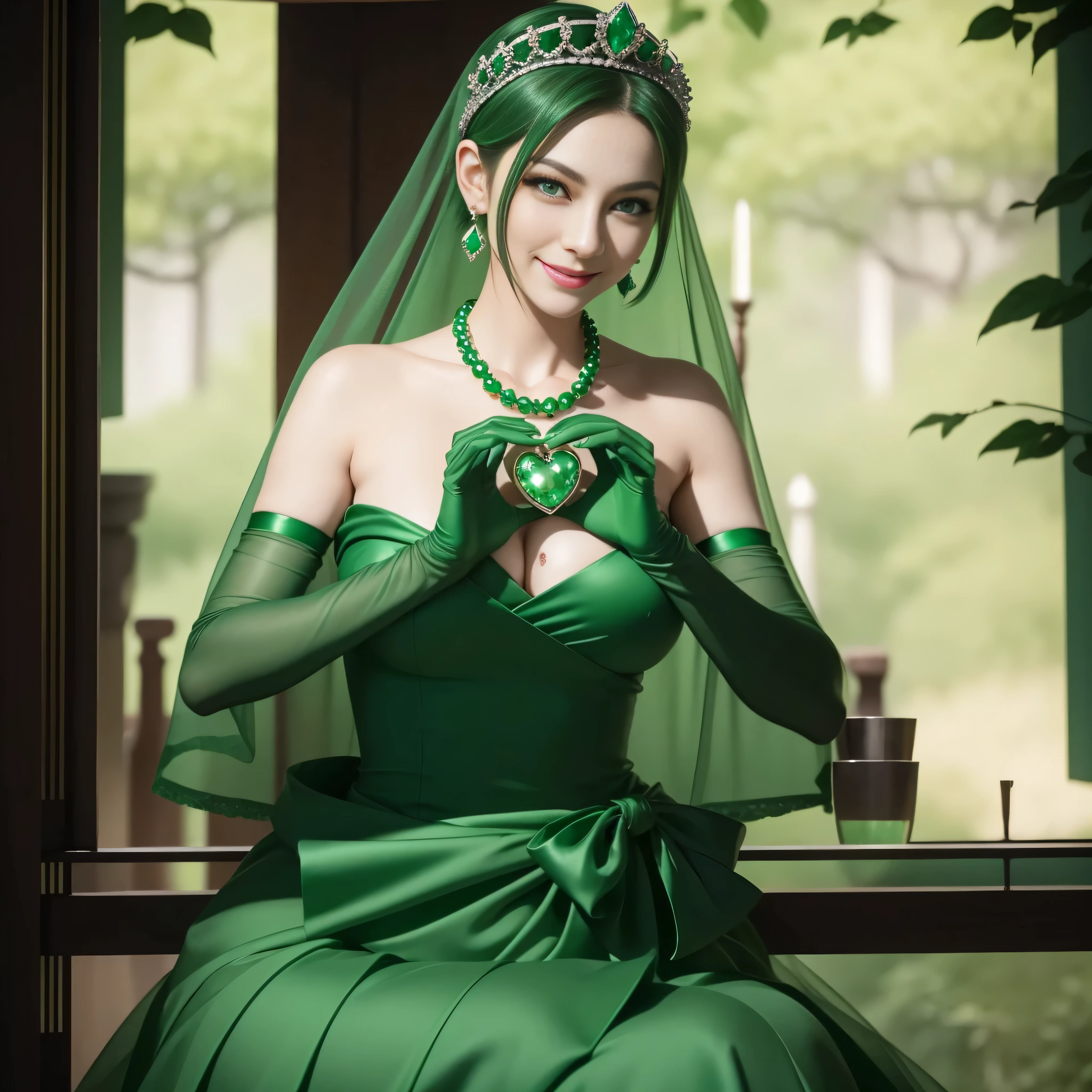 emerald tiara, Green Pearl Necklace, Boyish very short green hair, lipsticks, Japan woman smiling, very short short hair, big breasts beautiful, Green eyes, Long green gloves made of satin material, Green eyes, Emerald Earrings, green vale, 両Heart in the hand, Heart in the hand