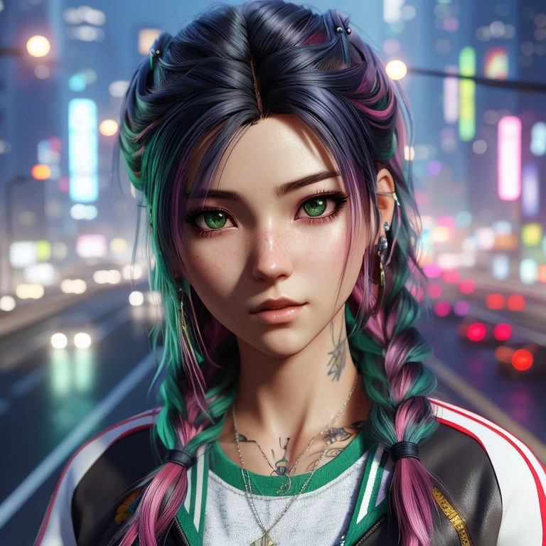 un primer plano de una persona con cabello colorido y un collar, Estilo cyberpunk hiperrealista, Anime style. 8k, Estilo realista de anime 3D, realistic artistic style, photorealistic artistic style, realismo artstyle, Arte digital realista 4K, Arte digital realista 4K, Anime styled 3d, dreamy cyberpunk girl, 🤤 girl portrait, Anime style 4 k