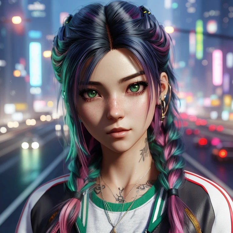 un primer plano de una persona con cabello colorido y un collar, Estilo cyberpunk hiperrealista, Anime style. 8k, Estilo realista de anime 3D, realistic artistic style, photorealistic artistic style, realismo artstyle, Arte digital realista 4K, Arte digital realista 4K, Anime styled 3d, dreamy cyberpunk girl, 🤤 girl portrait, Anime style 4 k