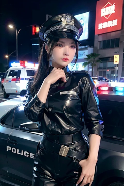 Highest image quality，excellent details，超A high resolution，Police of the future，She wears a futuristic SWAT uniform，She was standing in front of a police car，so sexy，Robust body，Sexy and durable，Detailed abs，Detailed muscle lines，dynamicposes，the night，Futuristic city street view background，neon light，sense of science and technology，FutureTech，Highly detailed cyberpunk style，Cyberpunk Personality，Highly detailed policeの制服，Highly detailed policeの帽子，Highly detailed police，Highly detailed policeバッジ，Highly detailed armband，Highly detailed policeストリップ，Highly detailed epaulettes，Wear a police hat，Highly detailed electric baton，Highly detailed guns，Guns of the future，intercom，Wireless Devices，Highly detailed handcuffs，Highly detailed police装備，Highly detailed police car，Police car of the future，frontage，Full body photo，Look from the bottom up，look from down, looking at viewert，mechs