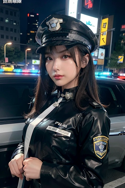 Highest image quality，Outstanding details，超高分辨率，The police of the future，She wears a futuristic SWAT uniform，short detailed hair，She stood in front of the police car，nedium breasts，cleavage，Black lace panties，Robust body，Sexy and robust，Detailed abs，Detailed muscle lines，dynamicposes，the night，Future city street view background，neonlight，sense of science and technology，future-tech，Very detailed cyberpunk style，cyber punk perssonage，Highly detailed police uniforms，Highly detailed police cap，Highly detailed police force，Highly detailed police badge，Highly detailed armbands，Highly detailed police strips，Highly detailed epaulettes，wear police cap，Highly detailed electric batons，Highly detailed guns，The gun of the future，intercom，Wireless devices，Highly detailed handcuffs，Highly detailed police equipment，Highly detailed police car，Future police car，frontage，Full body photo，Look from the bottom up，look from down, looki at viewer，mechs