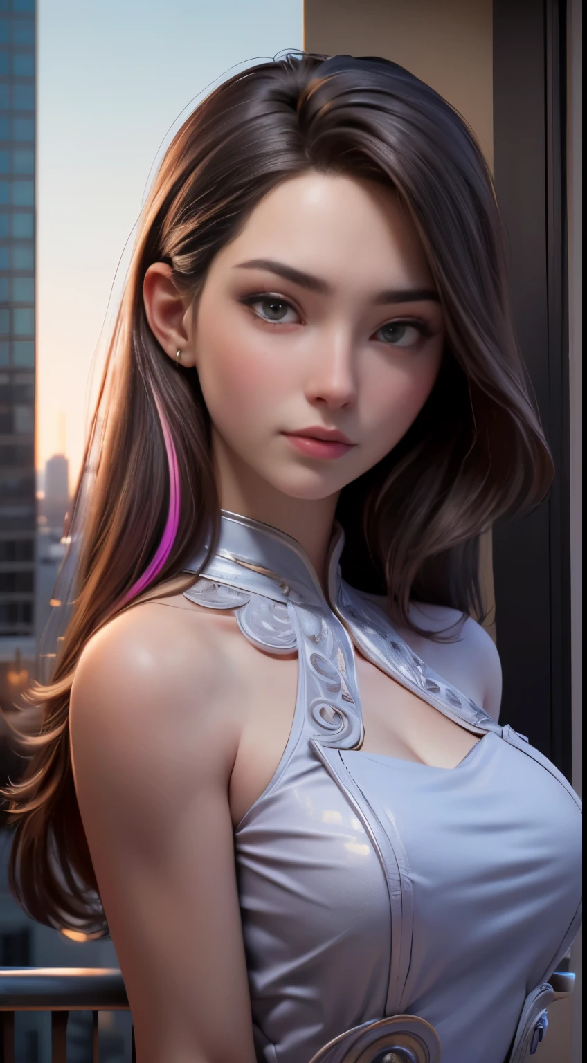 photo of Cece Rose, RAW, beautiful woman, ((portrait)), ((detailed face:1.2)), ((detailed facial feature, detailed skin, clear skin), (perfect proportioned body), (wearing a colorful dress) (high detailed city environment, apartment balcony), (realistic photo, best quality, detailed), (8k wallpaper), (cinematic lighting, dramatic lighting) (sharp focus, intricate)