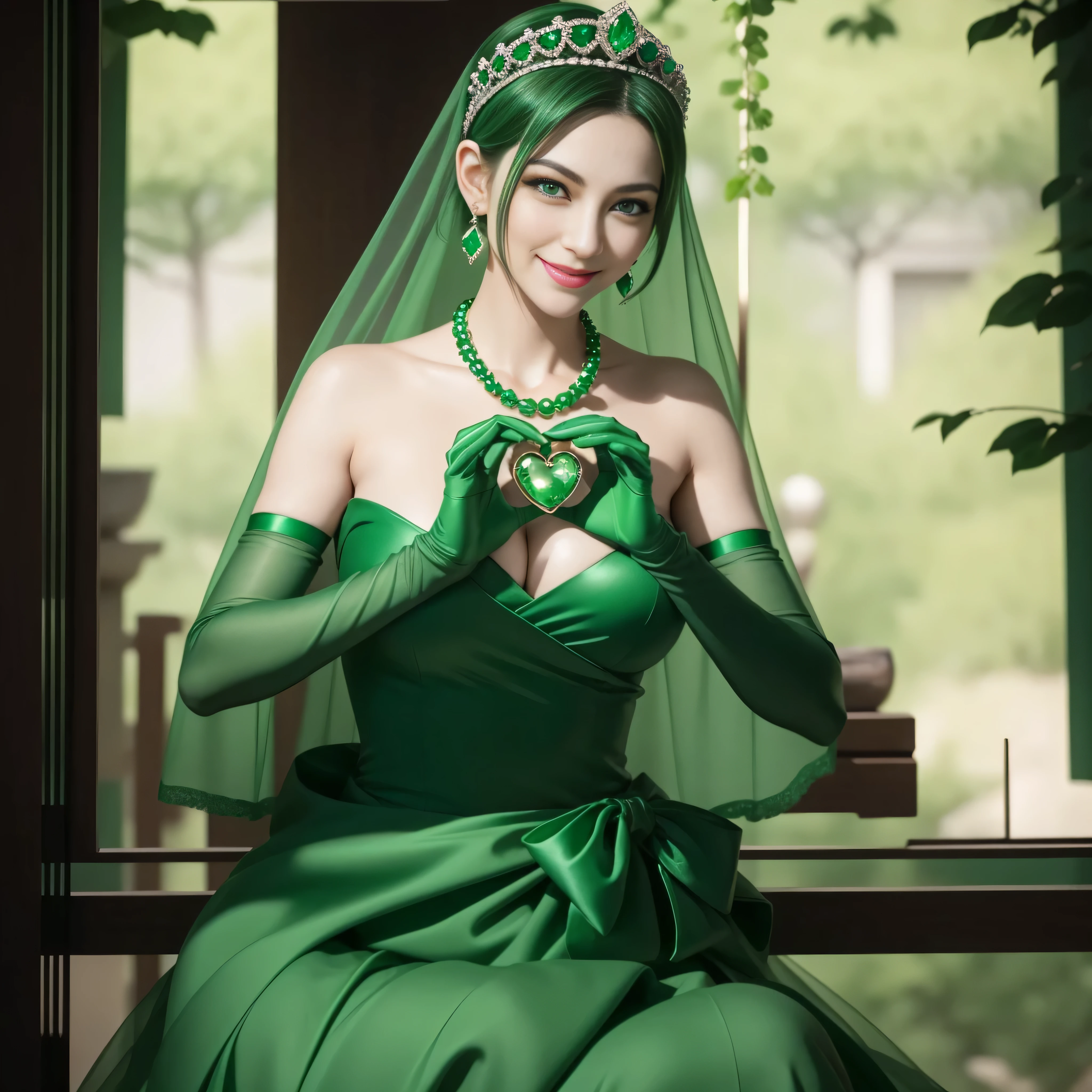 emerald tiara, Green Pearl Necklace, Boyish very short green hair, lipsticks, Japan woman smiling, very short short hair, big breasts beautiful, Green eyes, Long green gloves made of satin material, Green eyes, Emerald Earrings, green vale, 両Heart in the hand, Heart in the hand