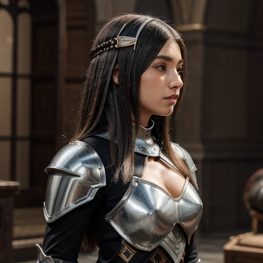 1womanl, Brunetette, blackquality hair, long hair to the floor, warrior with sword, breastplates, tense facial expression,
