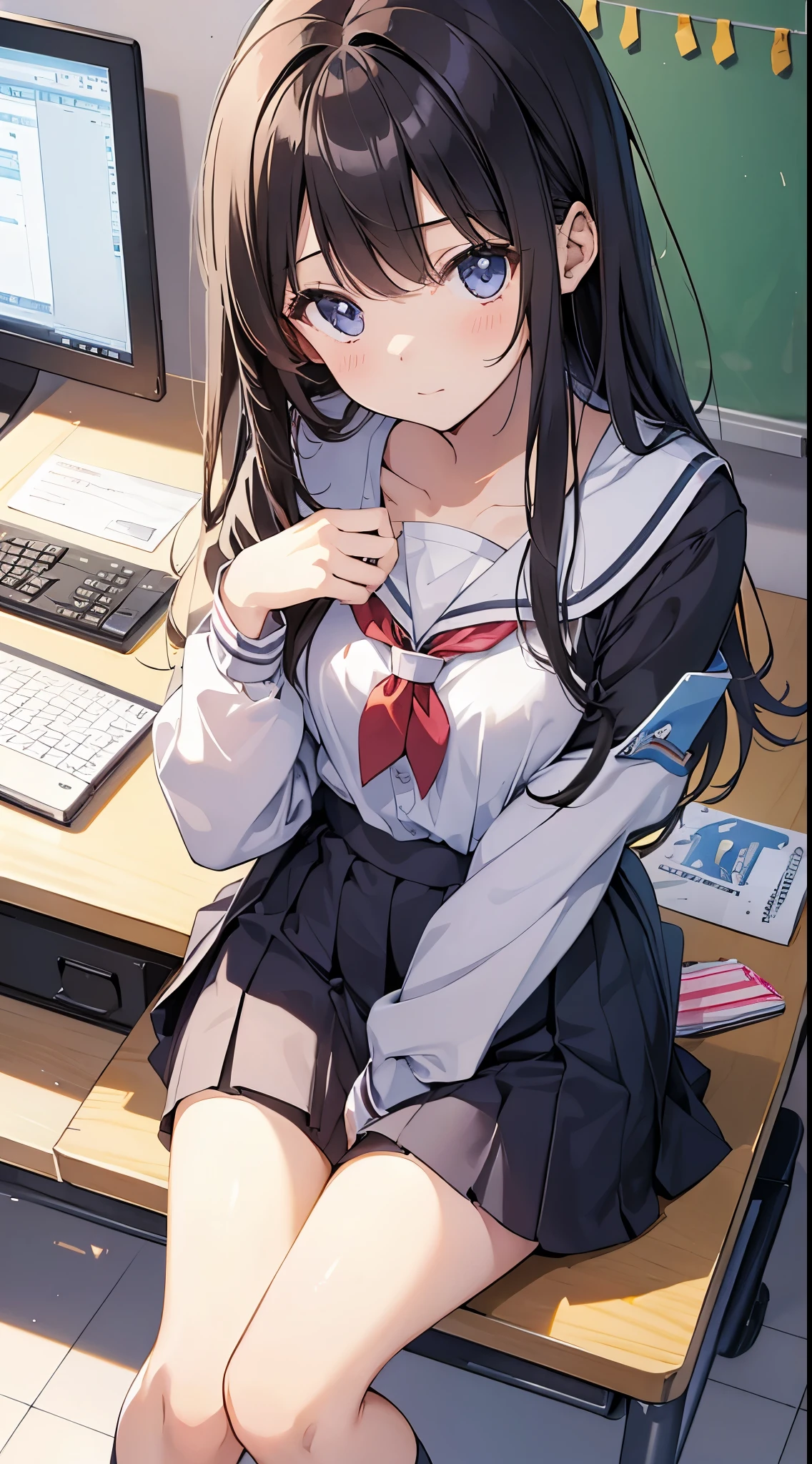 (Best Quality:1.3)、1girl in、hi-school girl、a miniskirt、desk work、Sit up、Angle from directly above、Cute anime illustration、