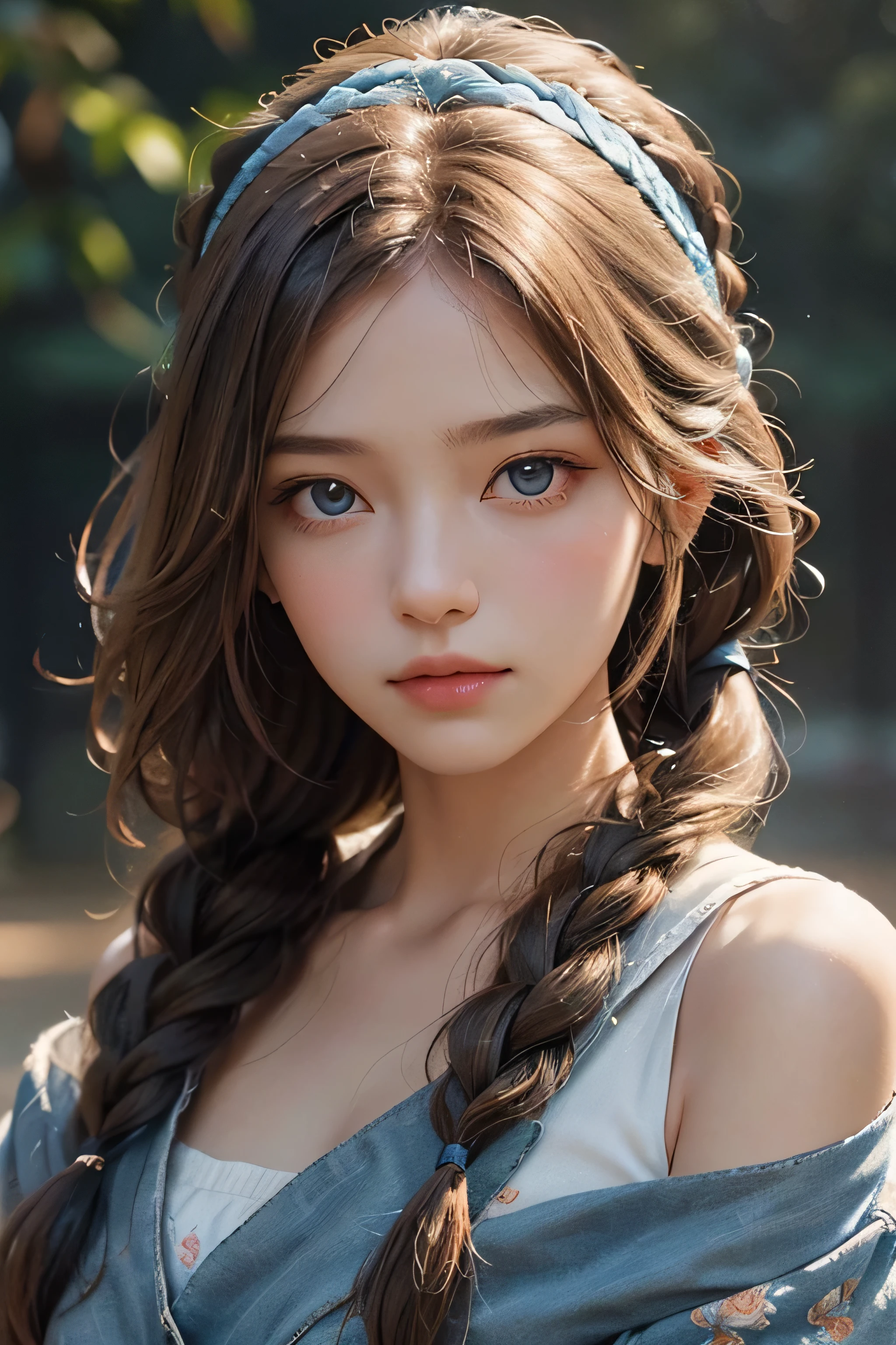 portrait of a young woman with a serene expression and delicate features. Her light brown hair is styled into a loose braid over one shoulder, and she wears a blue headband with orange floral patterns. She has clear, luminous skin and soft pale blue eyes that convey a gentle confidence. Her attire is casually elegant, with a relaxed blue denim garment. The lighting is soft and natural, enhancing the warmth and inviting quality of the portrait." Her expression is one of intense concentration and concern. Ultra high photo realistic, 100mm --aspect 1:1 --s 750 --v 5.2, 64k high quality detailed art, 3d