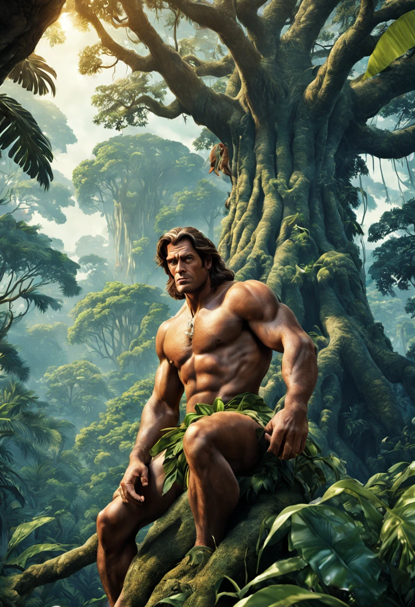 Create a Cinematic portrait scene of Tarzan, detailed face, detailed eyes, sits on the biggest branc of the towering Tree, looking bellow the jungle, insanely detailed and intricate Tropical Jungle Floras, ultrahigh resolution, ultrasharp picture, a masterpiece cinematic photo realistic illustration of color comic maestro Don Lawrence, super detailed, high resolution, full vibrant color, volumetric lighting, octane render, octane lighting