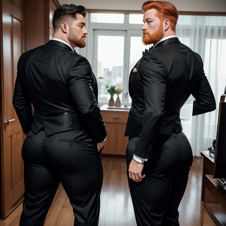 Ginger man in a tuxedo, huge ass, comically massive ass, tight tuxedo pants, large boy booty, bubble butt, man bubble butt, thick, thicc, thick thighs, thick ass, athletic, fit, round ass, full ass, wide ass, tuxedo