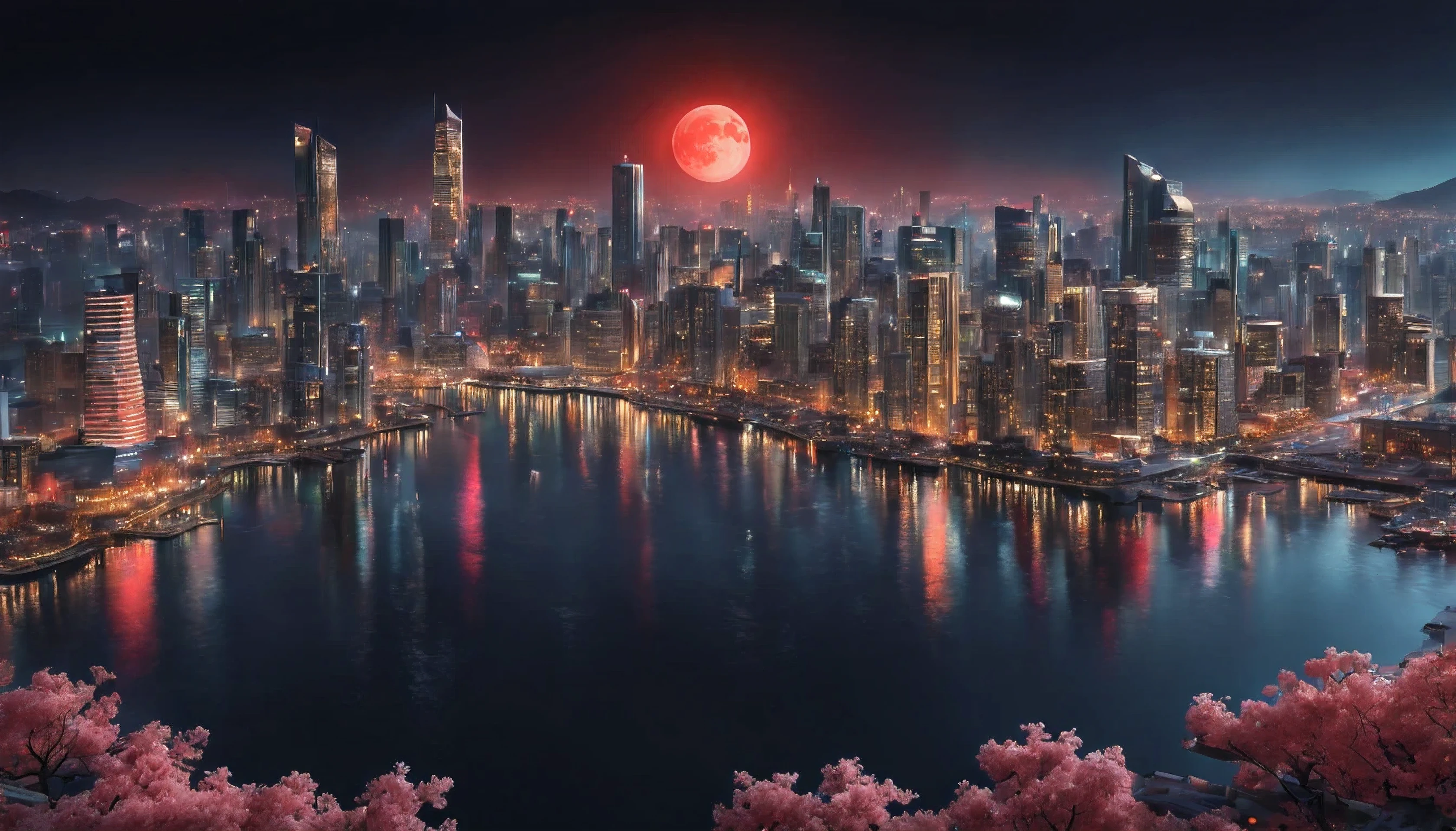 (Masterpiece in maximum 16K resolution), the best quality, (very detailed CG unity 16k wallpaper quality),(Soft colors 16k highly detailed digital art),Super Detailed. | Stunning reflections, the best reflections ever, (glow), (particle effects), Isometric 3D, Octane Rendering, Ray Traced. | a large City waterfront, (a_red_full_moon_night),(sakura flowers floating), The mysterious atmosphere of city night art, great environment, subtly illuminate, city night art behance,Surreal.
