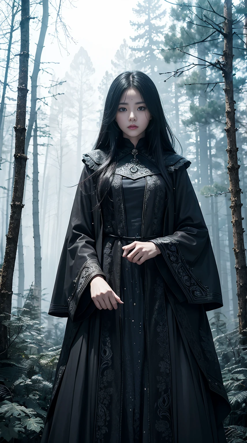 a cute big-eyed Korean sad girl, slender and small face, very bright shiny skin, looking at viewer, dark moody quality, fantasy art, digital art, delicate lines and textures, realistic and rich art, imaginative motif art, In the haunting and eerie forest scene, with flowing black hair, the long-cloaked woman in the luminous dress stands amid the dense fog, fear etched on her face as she cautiously navigates through the eerie surroundings. magical creatures, fantastic landscap