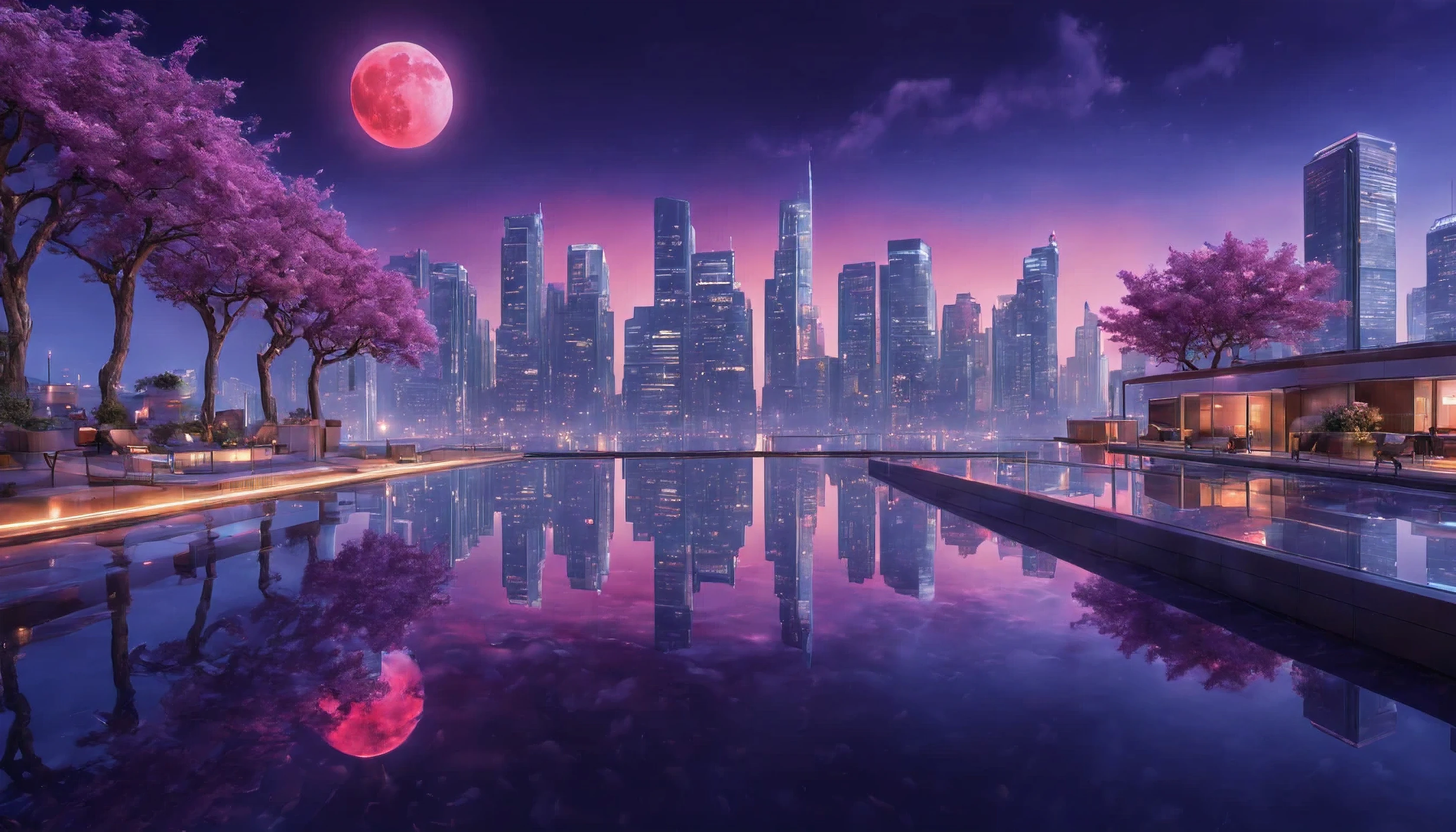 (Masterpiece in maximum 16K resolution), the best quality, (very detailed CG unity 16k wallpaper quality),(Soft colors 16k highly detailed digital art),Super Detailed. | Stunning reflections, the best reflections ever, (glow), (particle effects), Isometric 3D, Octane Rendering, Ray Traced. | a City penthouse infinity pool, (a_red_full_moon_night),(purple orchard), The mysterious atmosphere of city night art, great environment, subtly illuminate, city night art behance,Surreal.