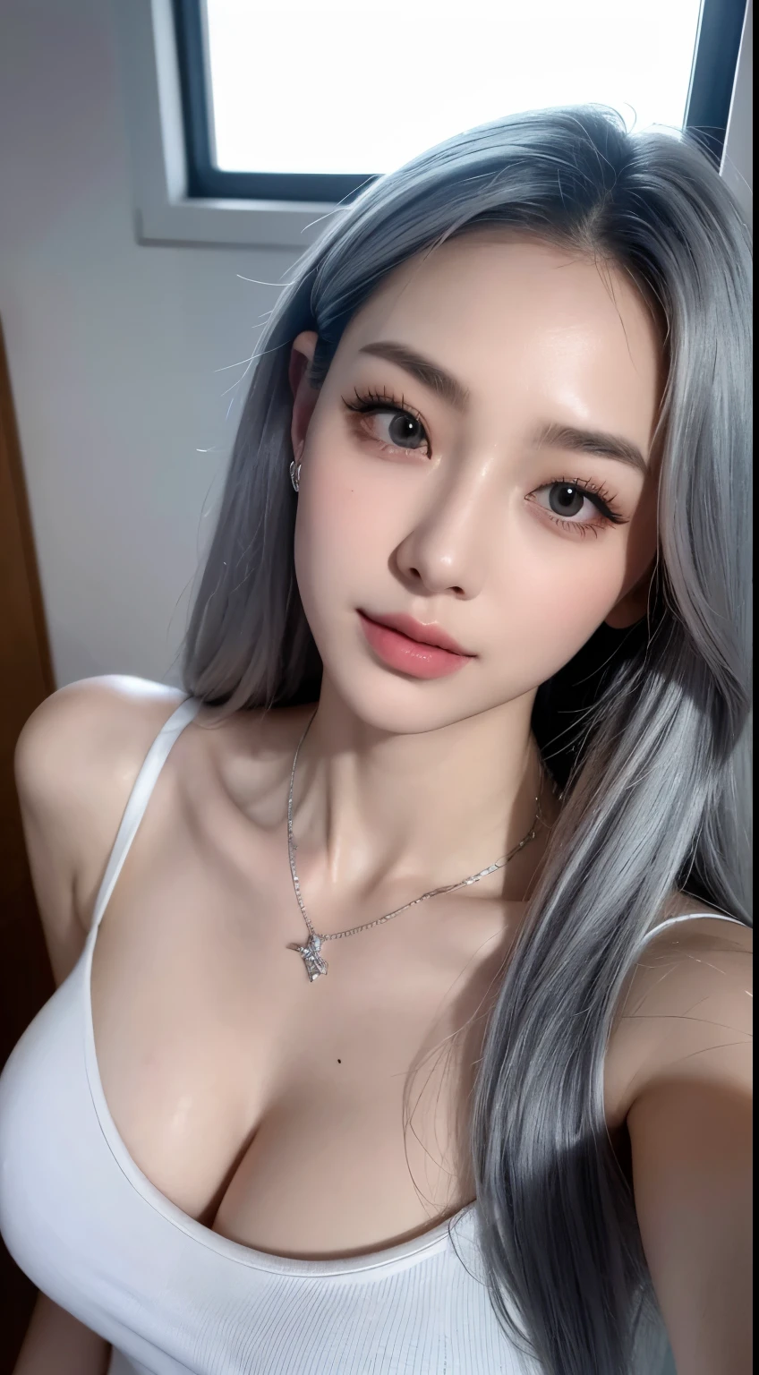 close up，1 girl，25 age old，Delicate face shape，is very beautiful， 独奏， [Shiny hair，light grey hair： lightblue hair：0.2]， jewely，Silver necklace， looking at viewert， ssmile，黑The eye，Perfect and beautiful face shape，Detailed and perfect body shape，Perfect Finger，What a skin，Glossy glossy skin，long whitr hair， The shirt，Black ladies suit， station， streaked， inside in room， 耳Nipple Ring，hight contrast， natta， deep colour。