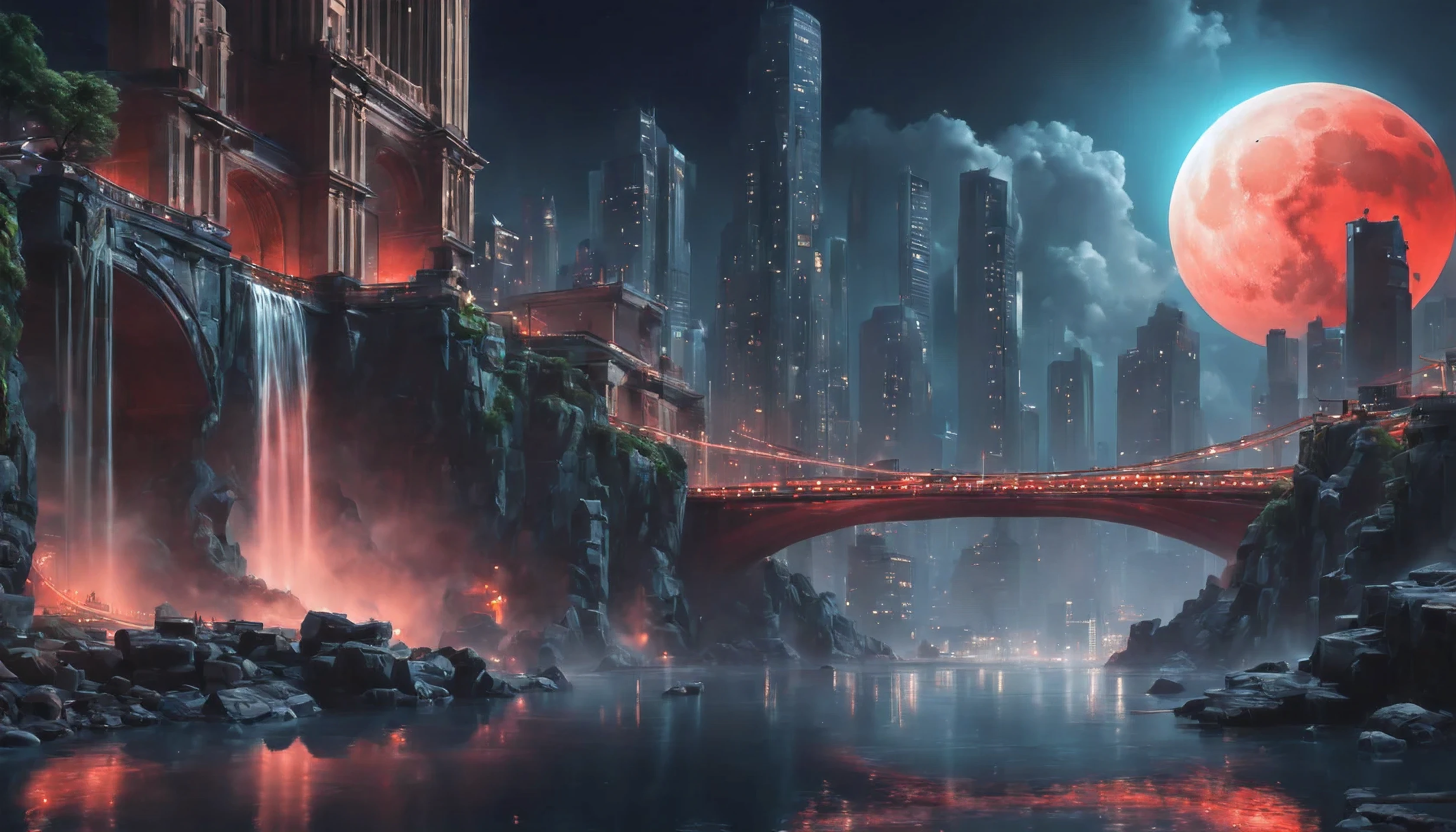 (Masterpiece in maximum 16K resolution), the best quality, (very detailed CG unity 16k wallpaper quality),(Soft colors 16k highly detailed digital art),Super Detailed. | Stunning reflections, the best reflections ever, (glow), (particle effects), Isometric 3D, Octane Rendering, Ray Traced. | a large City waterfront, (a_red_full_moon_night),(sakura flowers floating), The mysterious atmosphere of city night art, great environment, subtly illuminate, city night art behance,Surreal.