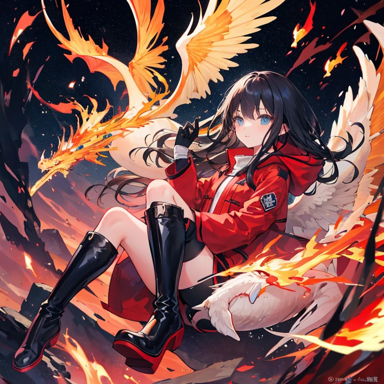A cool girl,Long black hair and blue eyes,Long red coat,boots,Phoenix gloves,Dragon and Phoenix Chengxiang,Flame element